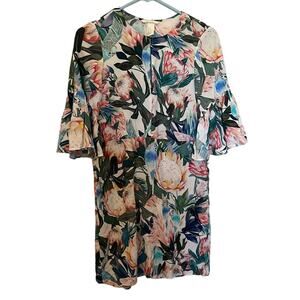 HM Dress Bell Sleeves Botanical Floral Print Key Hole Neck Summer Viscose Sz 0